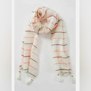 J Jill NEW Women's Cream Multi Color Striped Bohemian Tassel Scarf Made in India